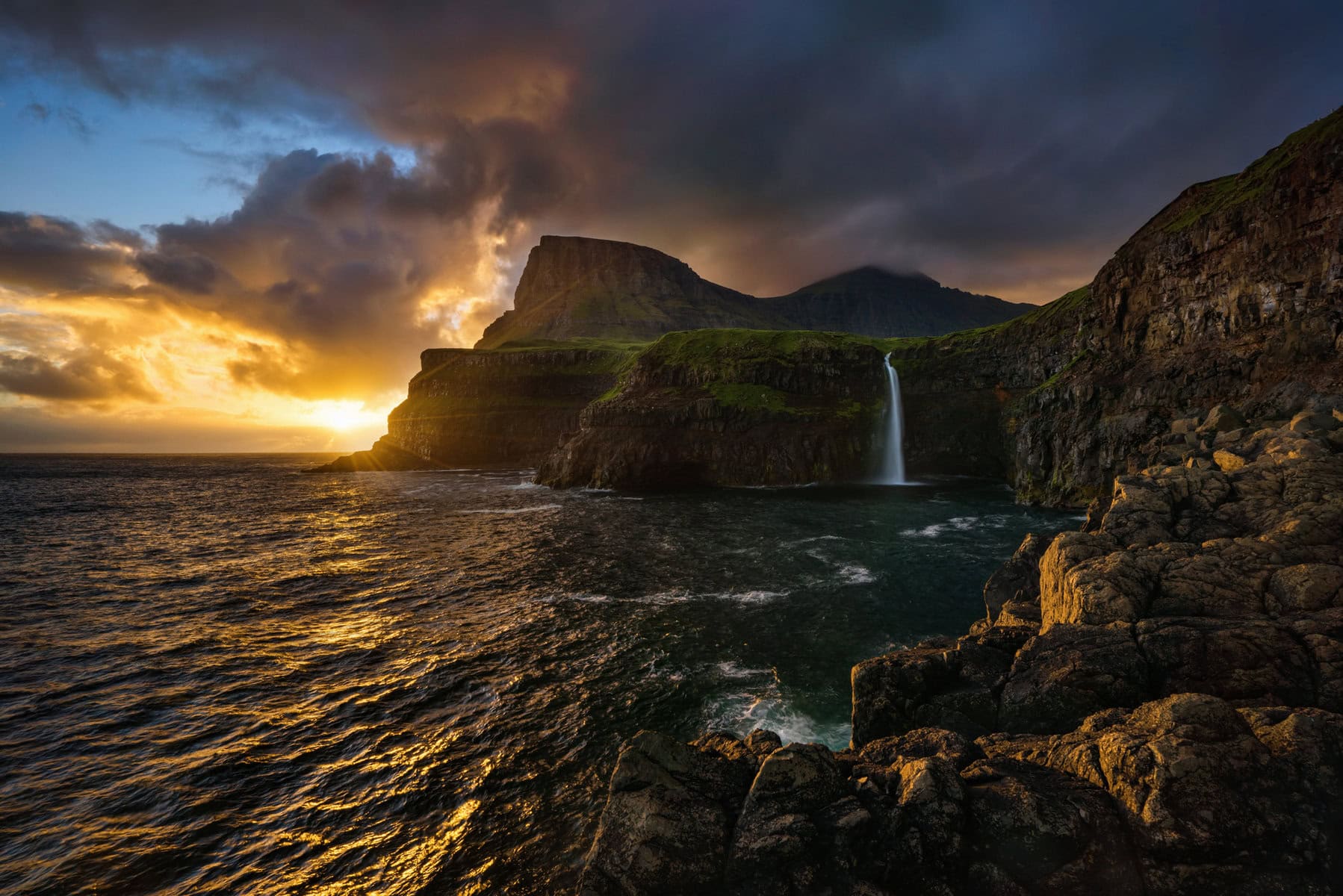 Evening view of Mulafossur waterfall